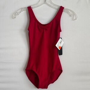 Child Red leotard with pinch front and tank style strap